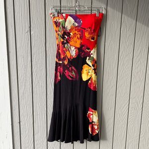 Vintage Cache Strapless Abstract Floral Midi Dress Size 4 Made in USA